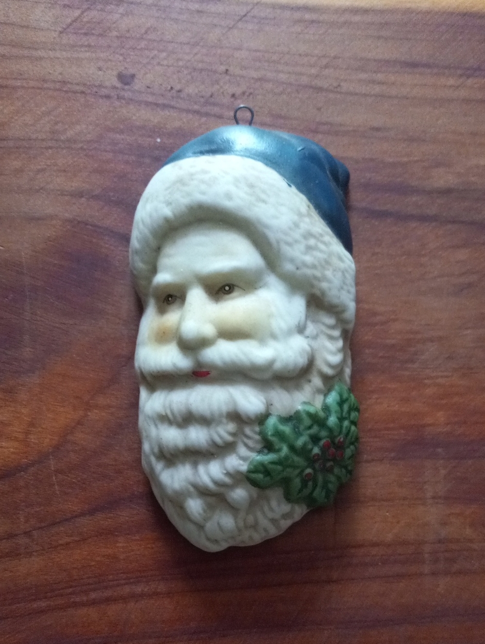 Vtg Santa Claus Ceramic Ornament Blue Hat Holly Accent